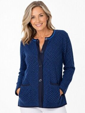 Susan Graver Navy Quilted Cotton Blend Button-Front Coatigan (size:XL)
